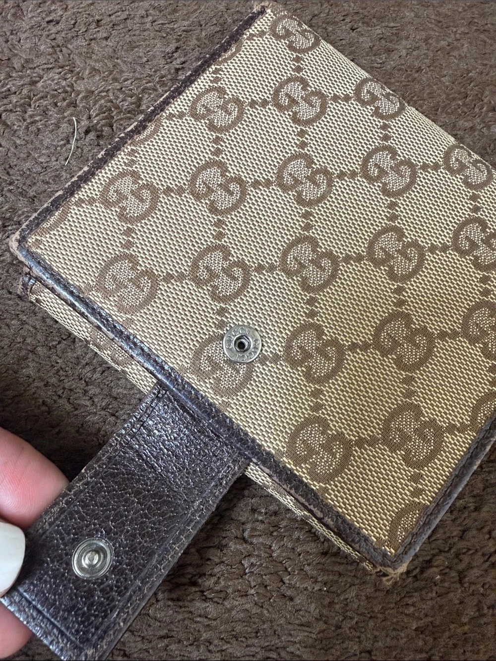 Authentic Gucci Brown & Beige GG Canvas Bifold Wallet with Metal Plate